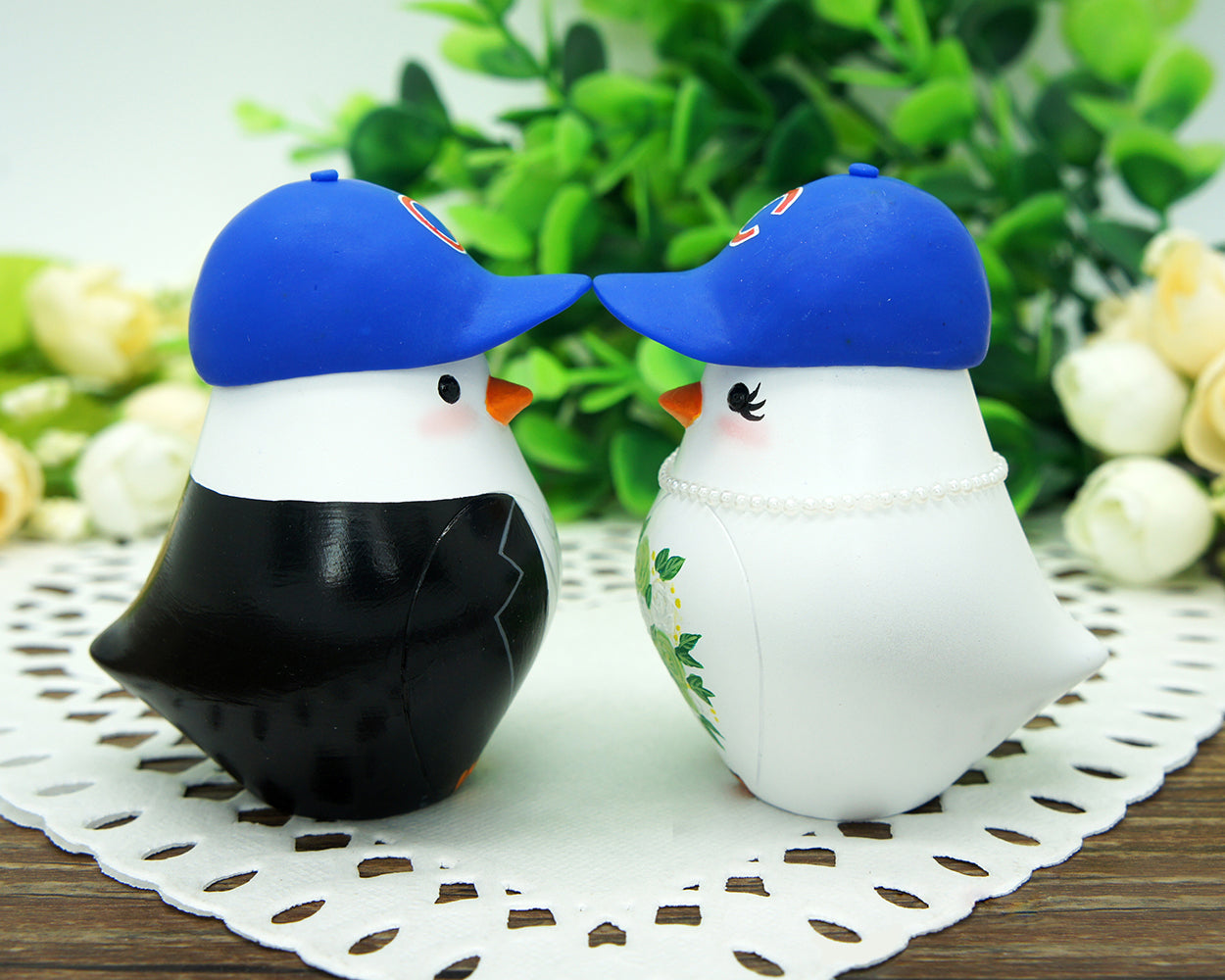 Custom Baseball Wedding Cake Topper With Cubs Hats-Love Bird Wedding Cake Toppers