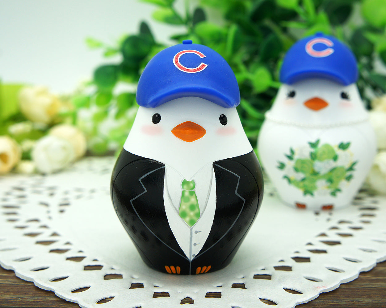 Custom Baseball Wedding Cake Topper With Cubs Hats-Love Bird Wedding Cake Toppers