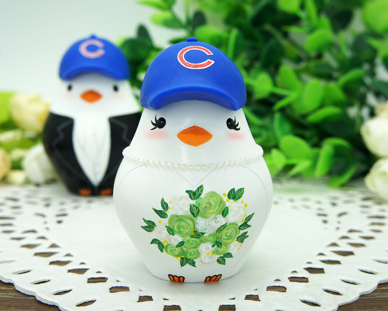 Custom Baseball Wedding Cake Topper With Cubs Hats-Love Bird Wedding Cake Toppers