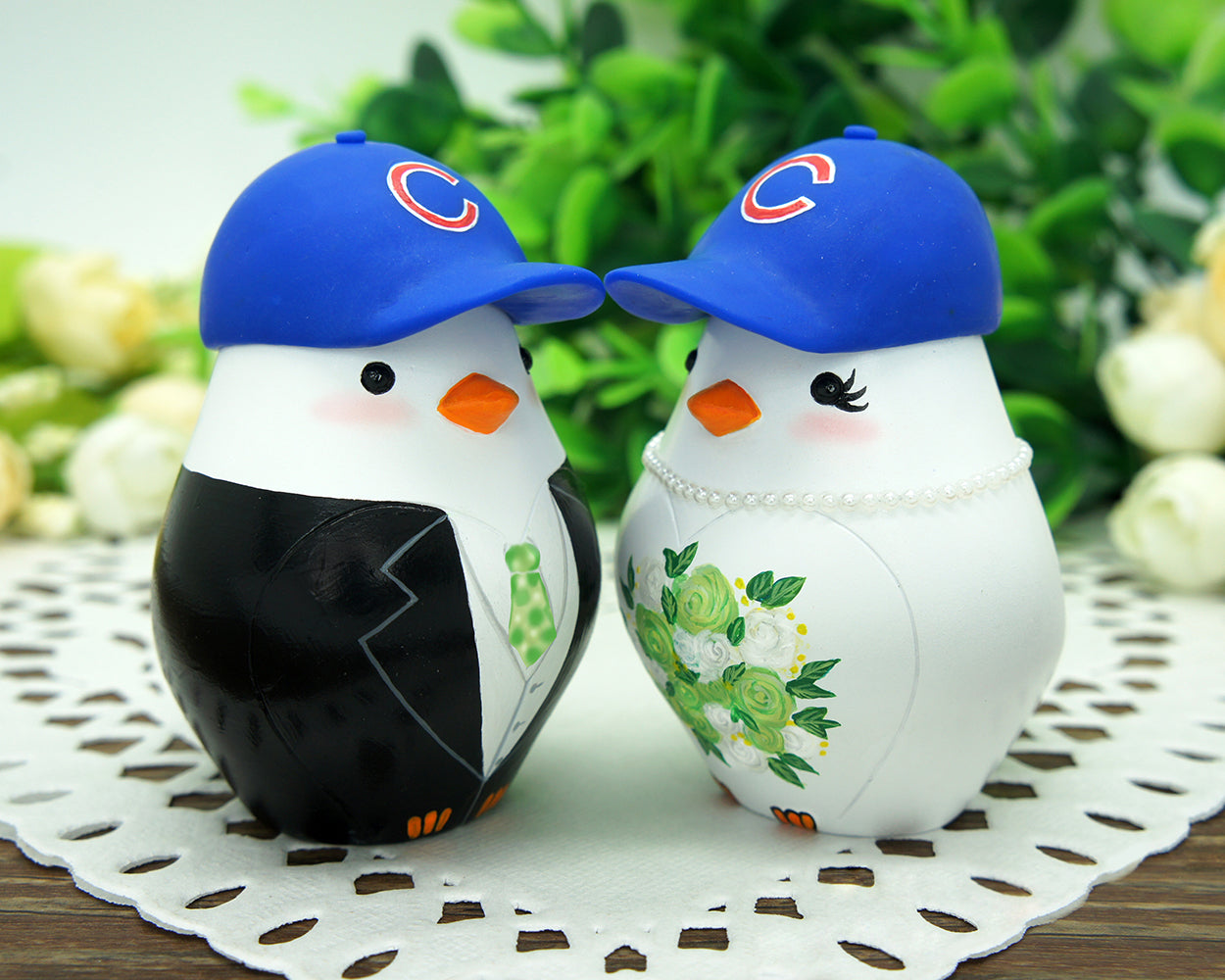 Custom Baseball Wedding Cake Topper With Cubs Hats-Love Bird Wedding Cake Toppers