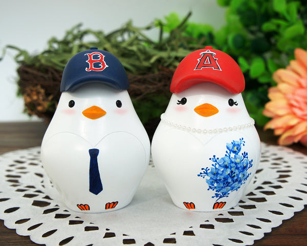 Baseball Wedding Cake Topper With Boston Red Sox And LA Angels Hat-Love Bird Cake Topper Sports Theme