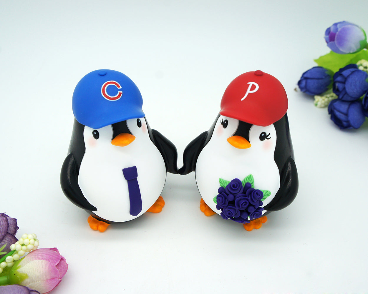 Penguin Baseball Wedding Cake Toppers-Phillies Bride And Yankees Groom Cake Toppers Sports Theme