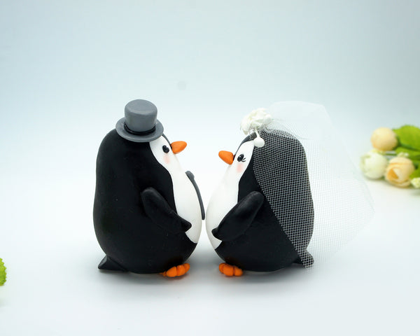 Custom Grey Penguin Wedding Cake Toppers
