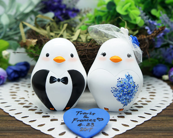 Funny Love Bird Wedding Cake Toppers Blue Themed-Vintage Bride And Groom Wedding Cake Toppers-Country Wedding Cake Toppers