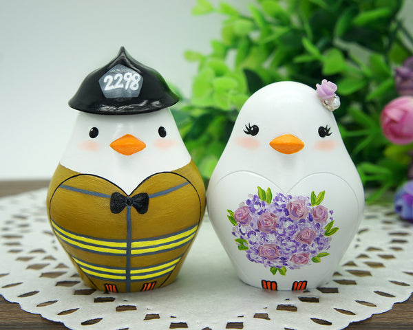 Custom Love Bird Firefighter Wedding Cake Toppers-Bride And Groom Firefighter Wedding Cake Toppers