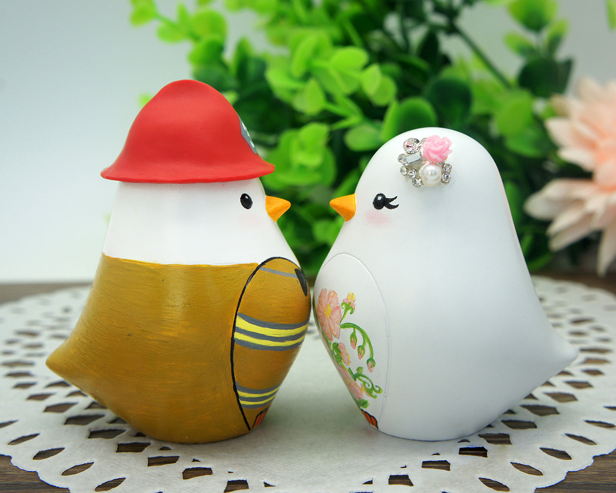 Custom Love Bird Firefighter Wedding Cake Toppers-Bride And Groom Firefighter Wedding Cake Toppers