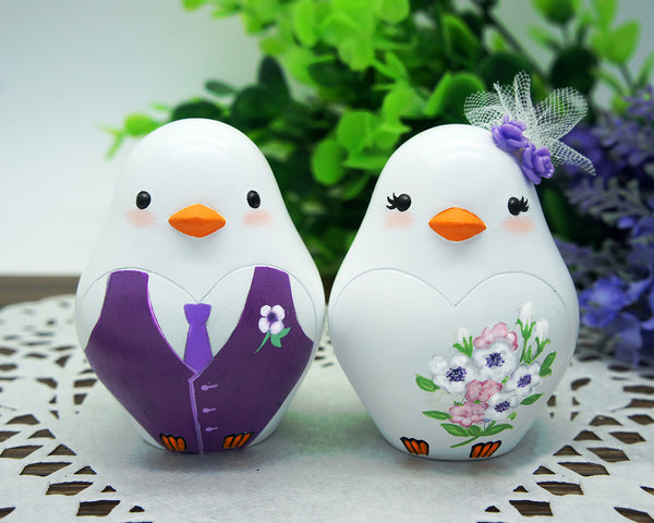 Love Bird Wedding Cake Toppers Purple Theme-Vintage Country Bride And Groom Cake Toppers With Purple Flowers