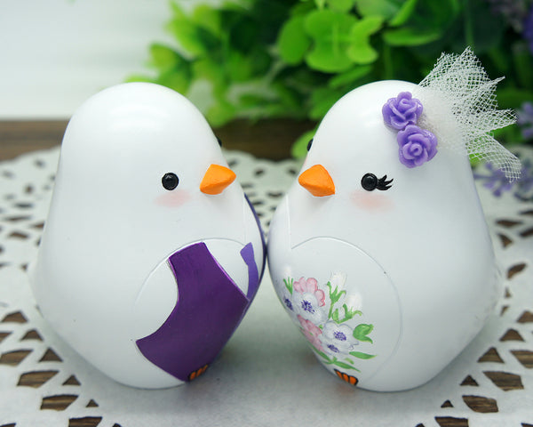 Love Bird Wedding Cake Toppers Purple Theme-Vintage Country Bride And Groom Cake Toppers With Purple Flowers