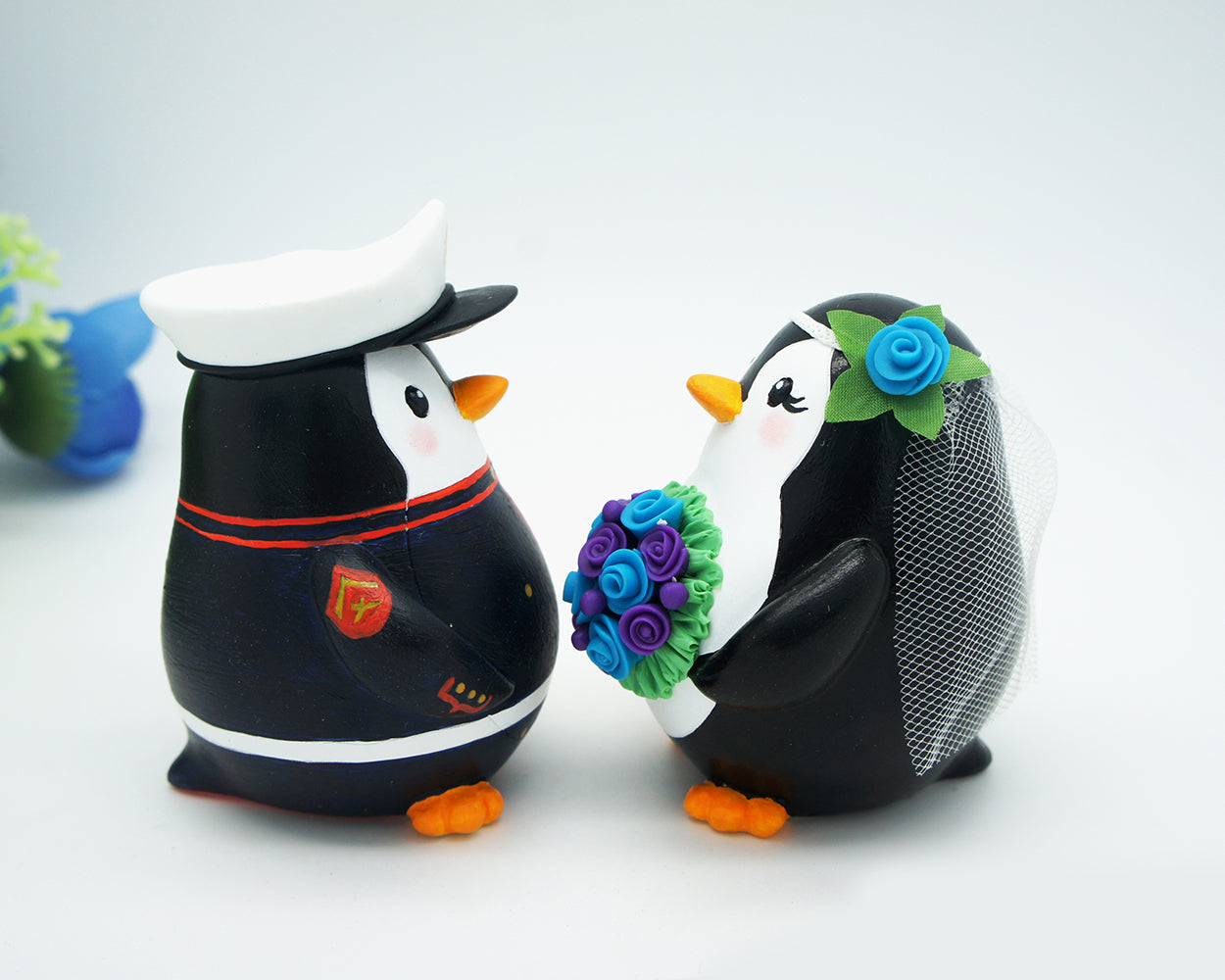Love Bird Penguin Wedding Cake Toppers-Army Marine Corps Wedding Cake Toppers With Blue Purple Bouquet