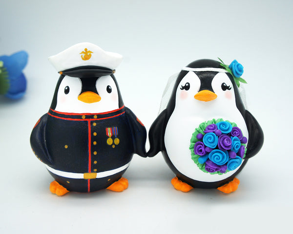 Love Bird Penguin Wedding Cake Toppers-Army Marine Corps Wedding Cake Toppers With Blue Purple Bouquet