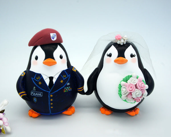 Penguin Army Wedding Cake Toppers-Bride And Captain Groom With Baret