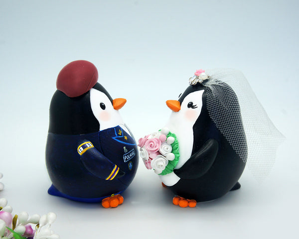 Penguin Army Wedding Cake Toppers-Bride And Captain Groom With Baret