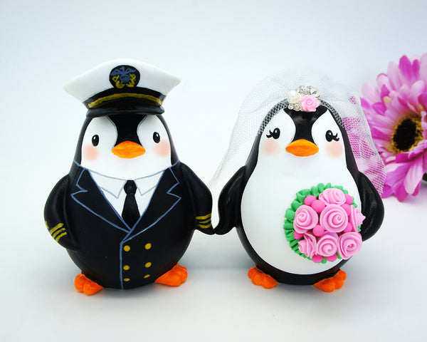 Military Wedding Cake Topper-Navy Officer Groom And Bride Penguin Wedding Cake Topper