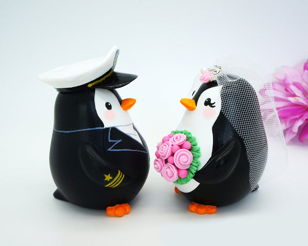 Military Wedding Cake Topper-Navy Officer Groom And Bride Penguin Wedding Cake Topper