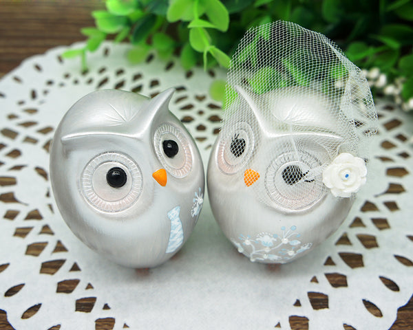Silver Wedding Cake Toppers-25th Anniversary Cake Toppers-Silver Owl Wedding Cake Toppers
