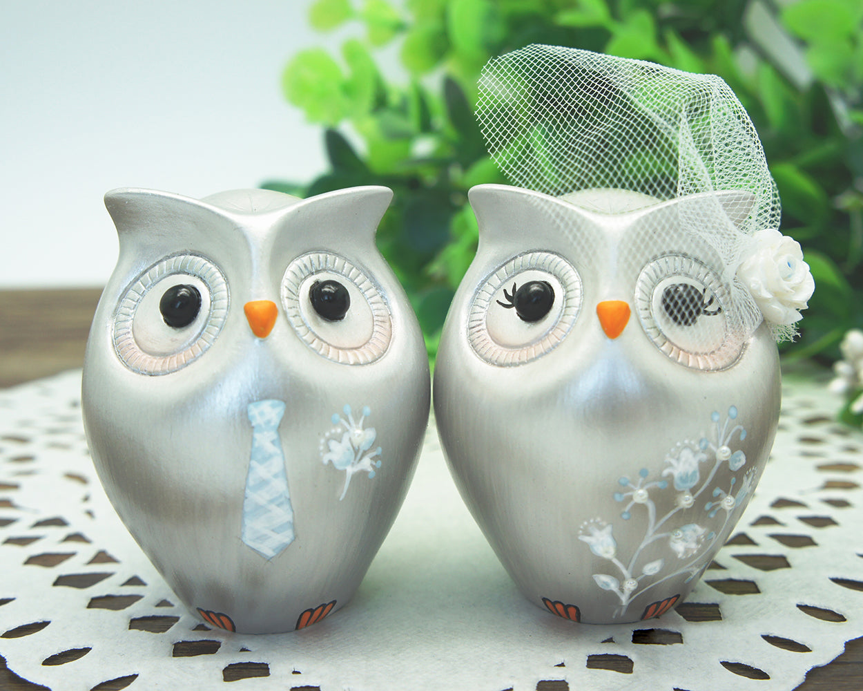 Silver Wedding Cake Toppers-25th Anniversary Cake Toppers-Silver Owl Wedding Cake Toppers