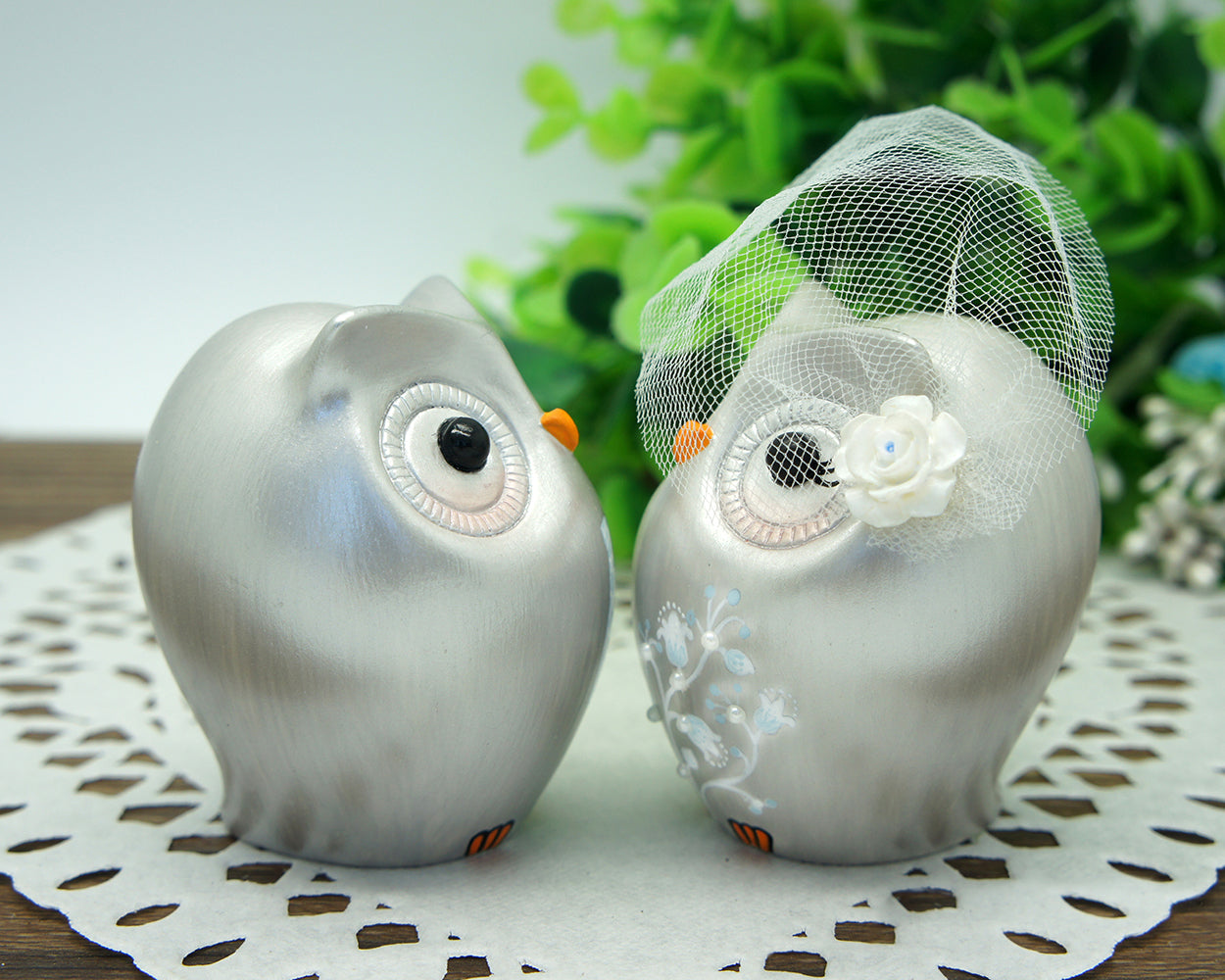 Silver Wedding Cake Toppers-25th Anniversary Cake Toppers-Silver Owl Wedding Cake Toppers