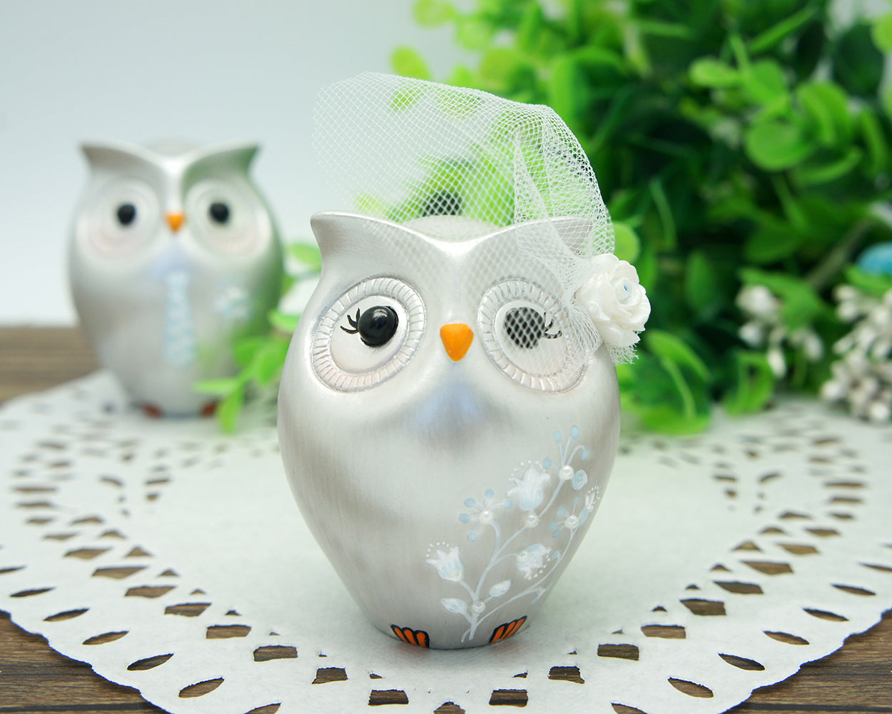Silver Wedding Cake Toppers-25th Anniversary Cake Toppers-Silver Owl Wedding Cake Toppers