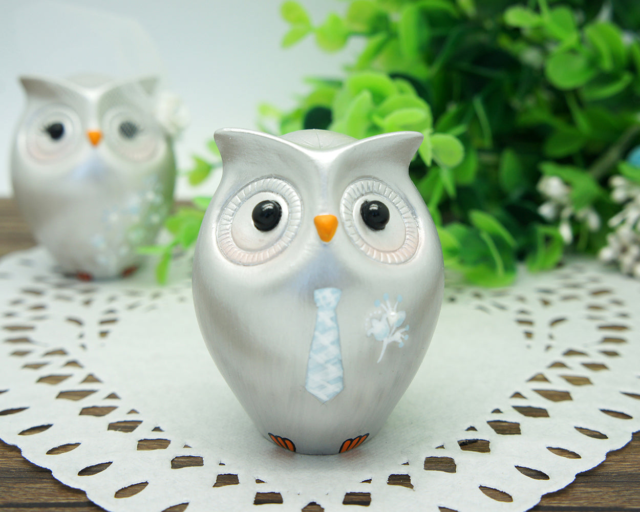 Silver Wedding Cake Toppers-25th Anniversary Cake Toppers-Silver Owl Wedding Cake Toppers