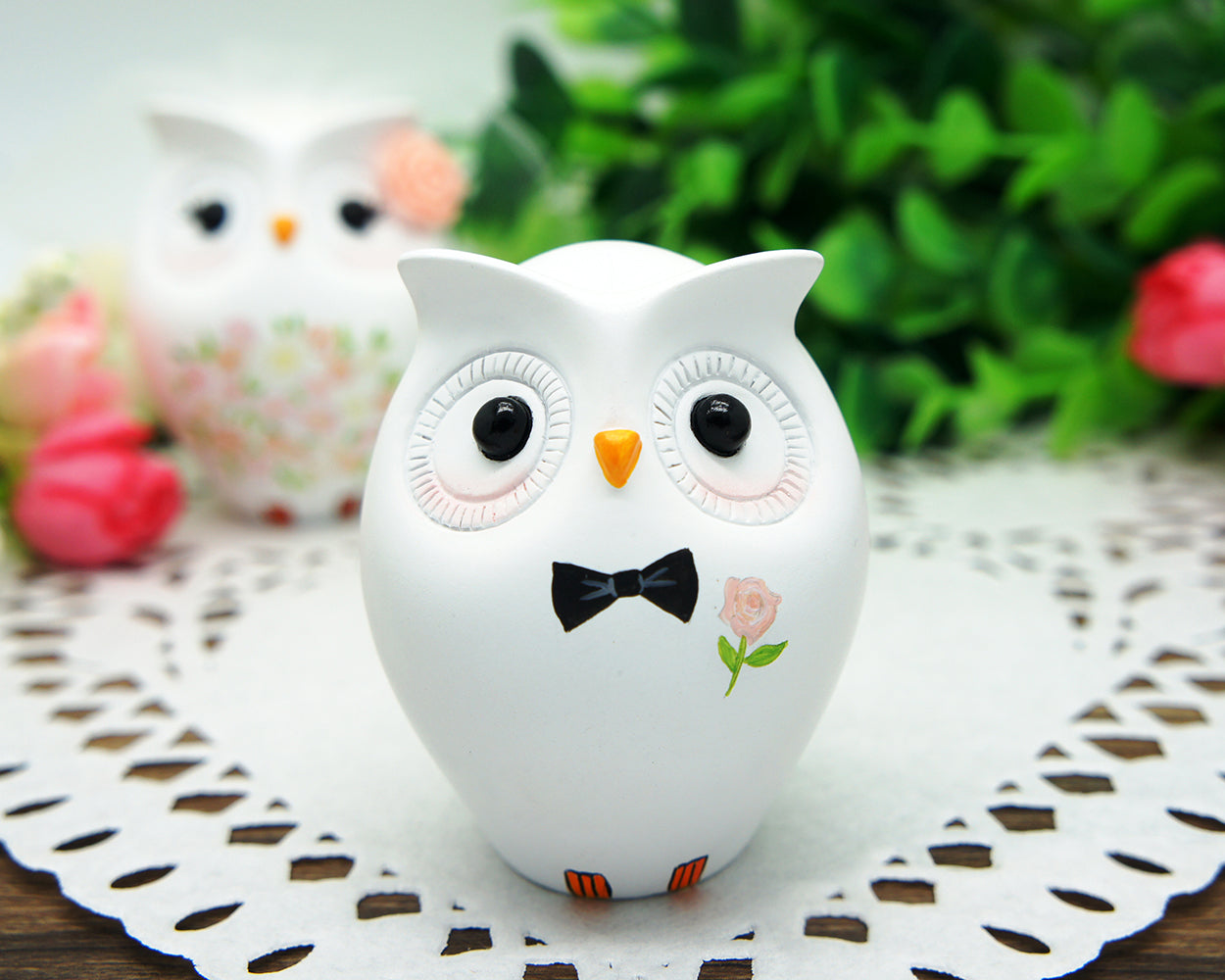 Personalised Owl Wedding Cake Toppers Pink Themed-Love bird Wedding Cake Toppers With Pink Flowers