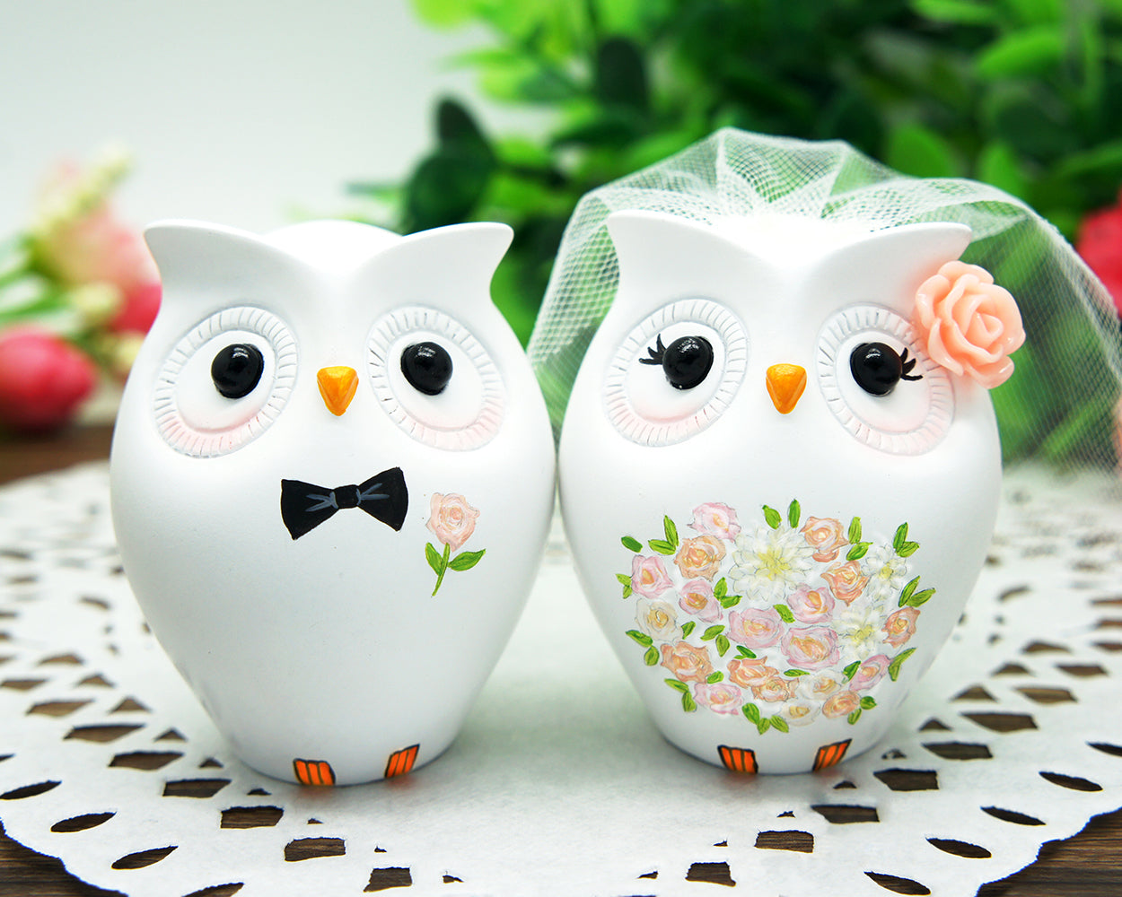 Personalised Owl Wedding Cake Toppers Pink Themed-Love bird Wedding Cake Toppers With Pink Flowers