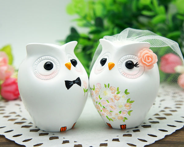 Personalised Owl Wedding Cake Toppers Pink Themed-Love bird Wedding Cake Toppers With Pink Flowers