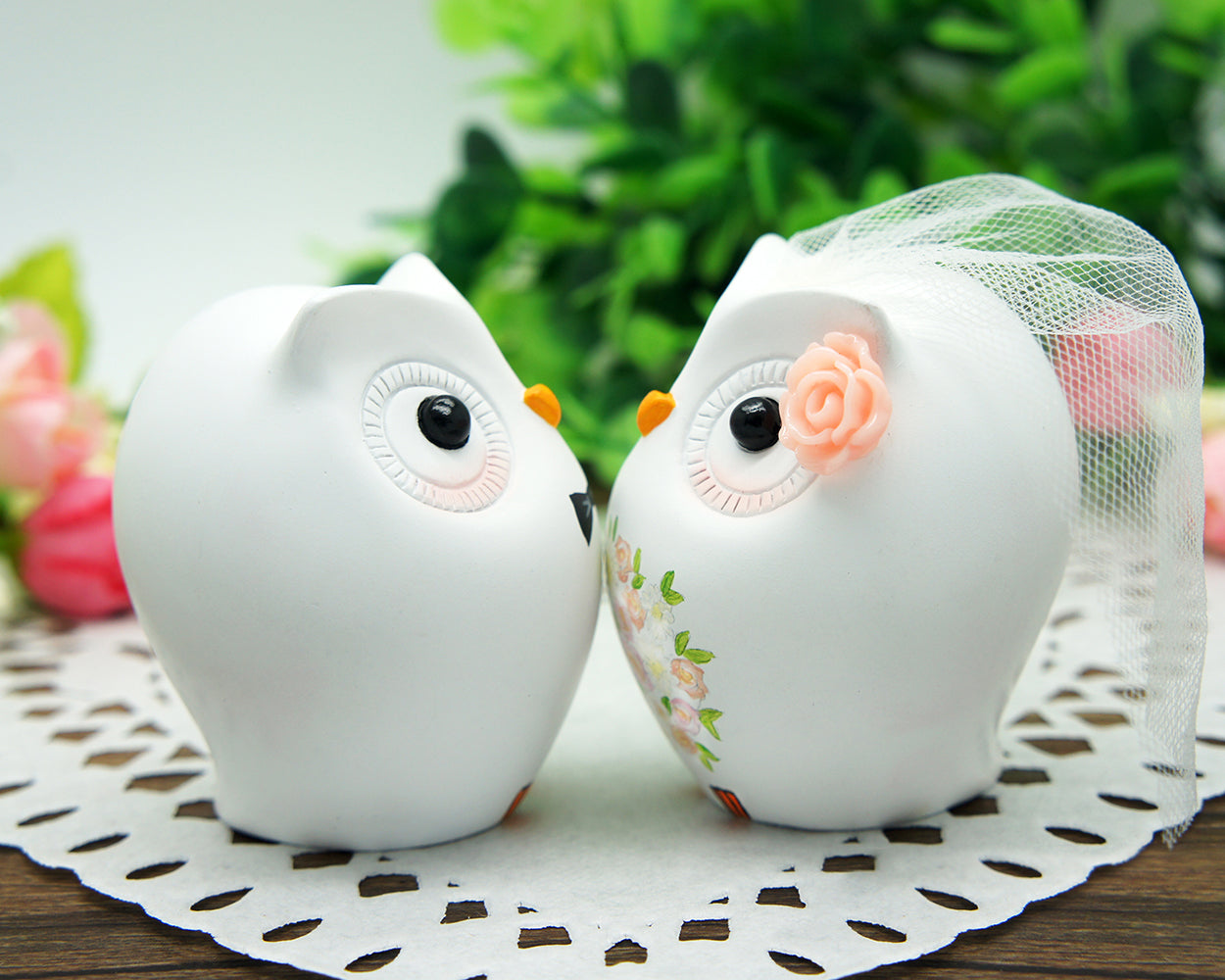 Personalised Owl Wedding Cake Toppers Pink Themed-Love bird Wedding Cake Toppers With Pink Flowers