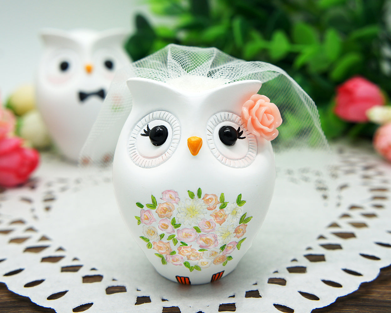 Personalised Owl Wedding Cake Toppers Pink Themed-Love bird Wedding Cake Toppers With Pink Flowers