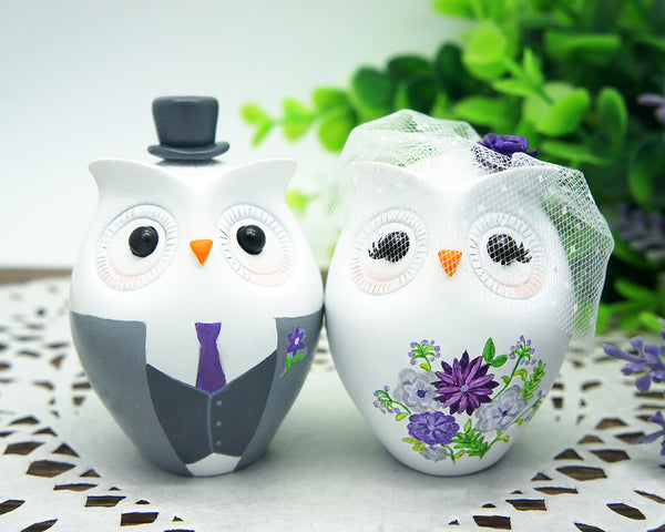 Owl Love Bird Cake Toppers-Personalized Country Bride And Groom Cake Topper Gray And Purple Theme