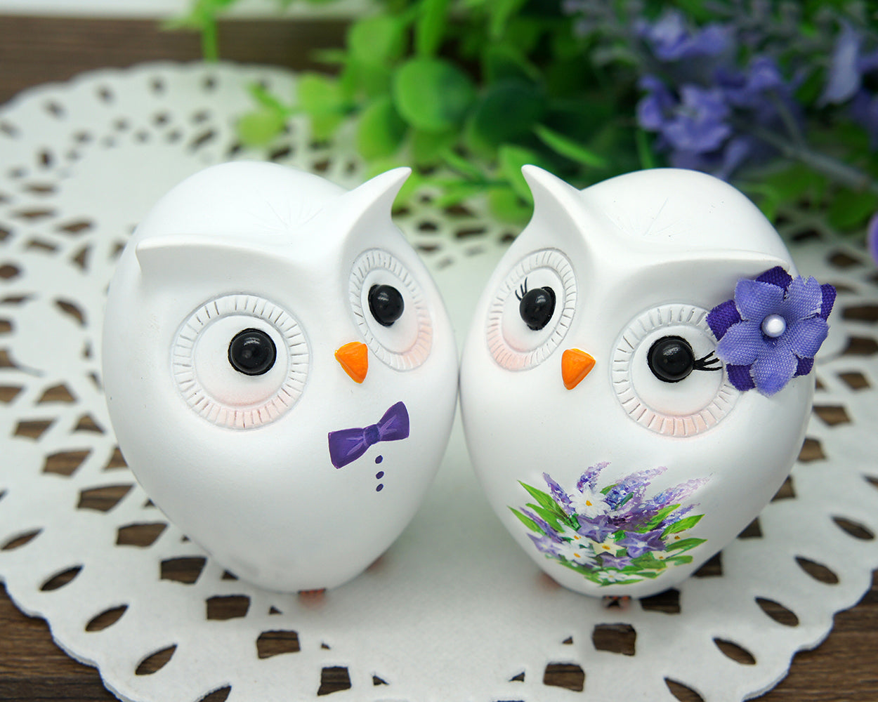 Custom Owl Wedding Cake Toppers Purple Theme- Unique Owl Bride And Groom Country Wedding Cake Toppers
