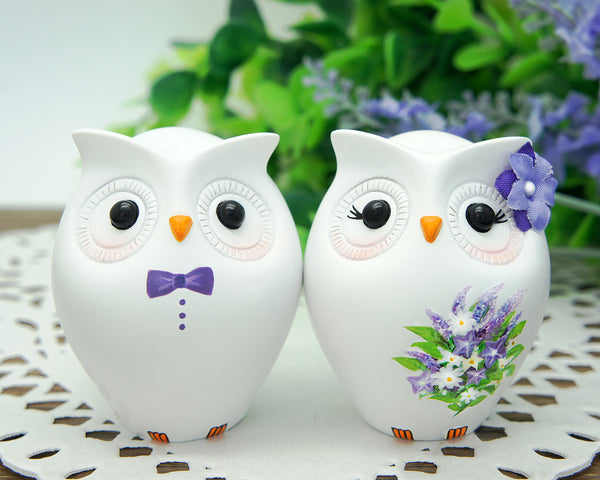 Custom Owl Wedding Cake Toppers Purple Theme- Unique Owl Bride And Groom Country Wedding Cake Toppers