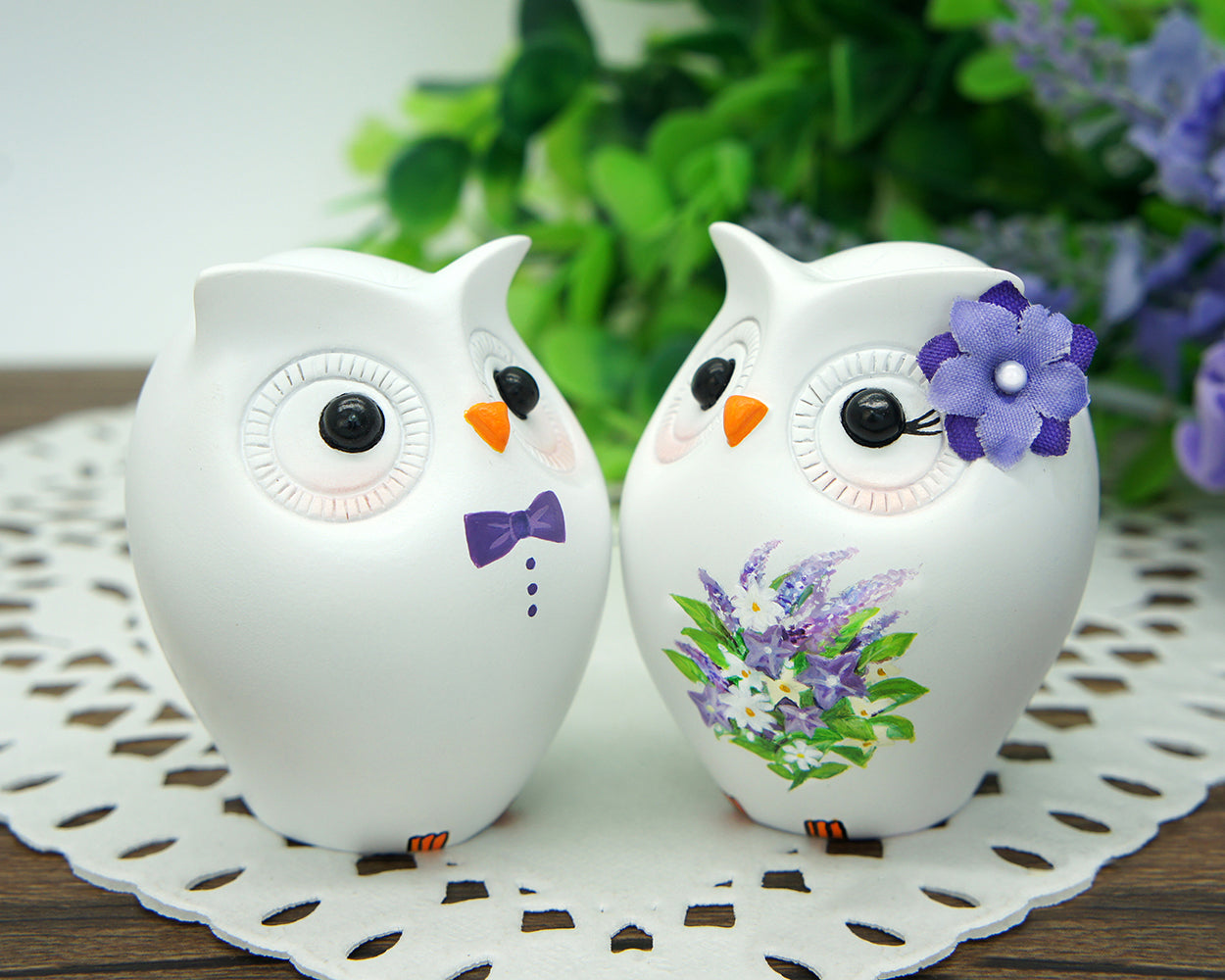 Custom Owl Wedding Cake Toppers Purple Theme- Unique Owl Bride And Groom Country Wedding Cake Toppers
