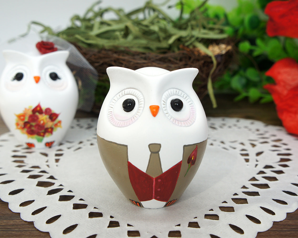 Owl Wedding Cake Toppers Fall Theme-Love Bird Wedding Cake Toppers With Burgundy flowers