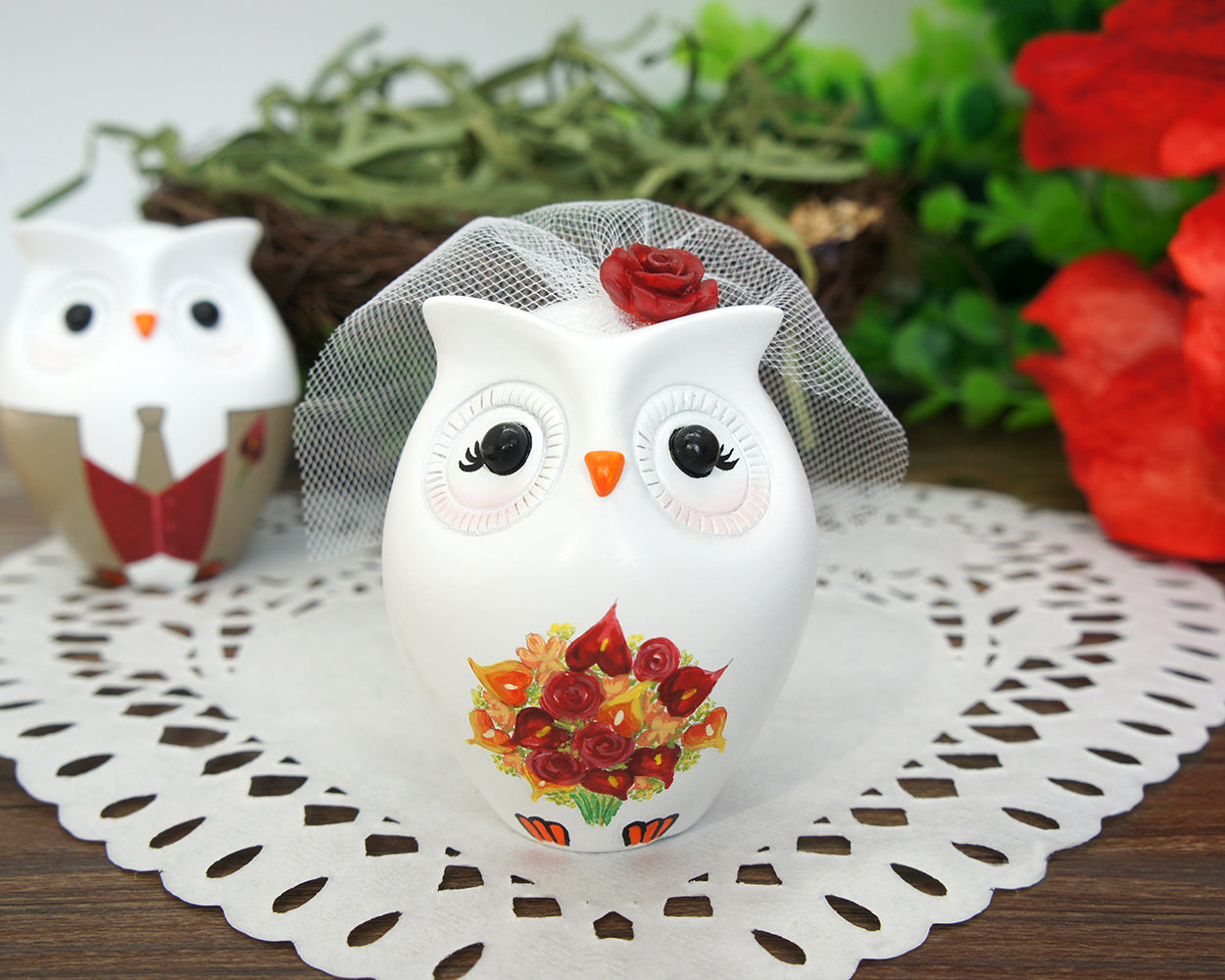 Owl Wedding Cake Toppers Fall Theme-Love Bird Wedding Cake Toppers With Burgundy flowers