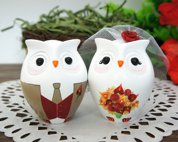 Owl Wedding Cake Toppers Fall Theme-Love Bird Wedding Cake Toppers With Burgundy flowers