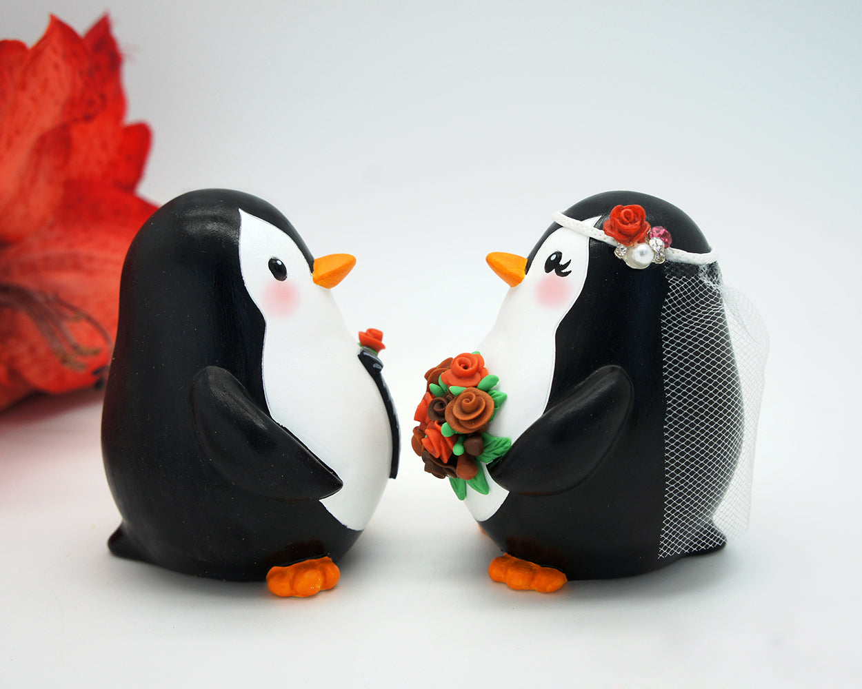 Fall Wedding Cake Topper-Penguin Wedding Cake Topper Autumn Theme