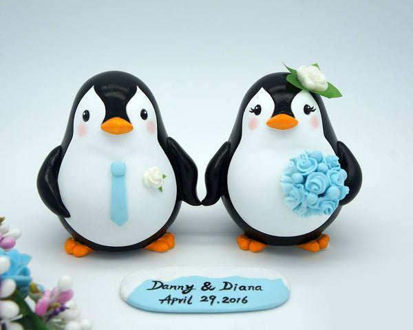 Beach Wedding Cake Topper-Custom Penguin Love Bird Cake Toppers Blue Theme