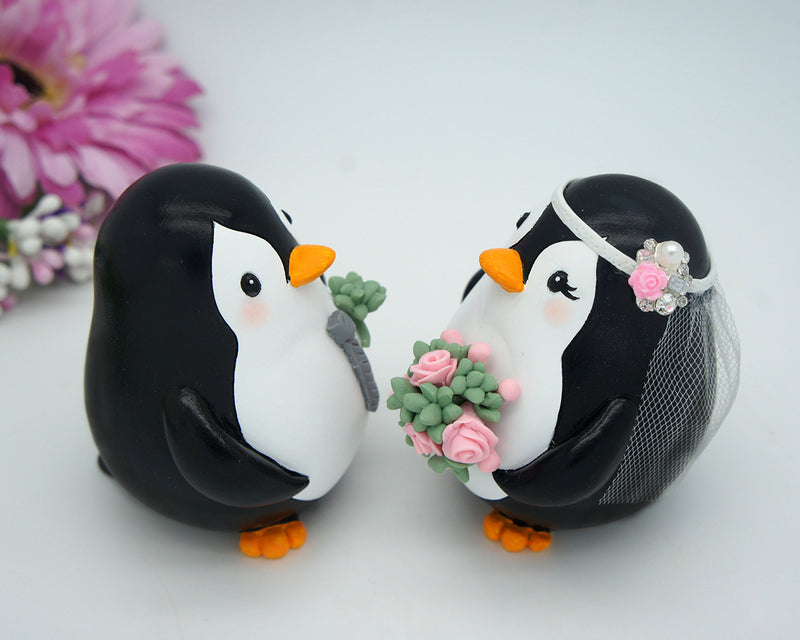 Custom Penguin Love Bird Cake Toppers -Beach Wedding Cake Toppers With Succulent Bouquet