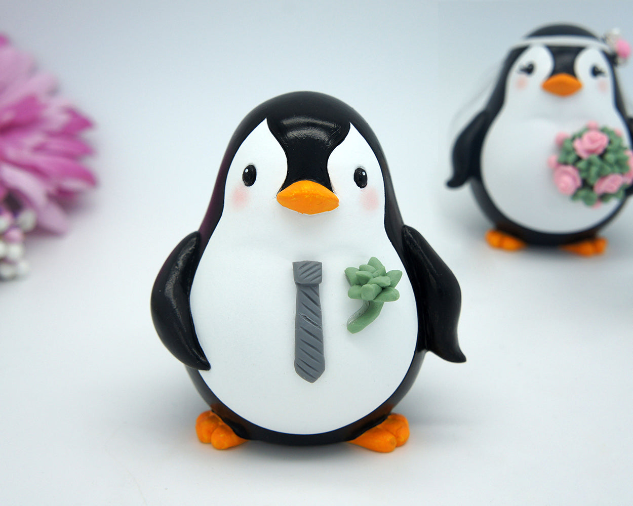 Custom Penguin Love Bird Cake Toppers -Beach Wedding Cake Toppers With Succulent Bouquet