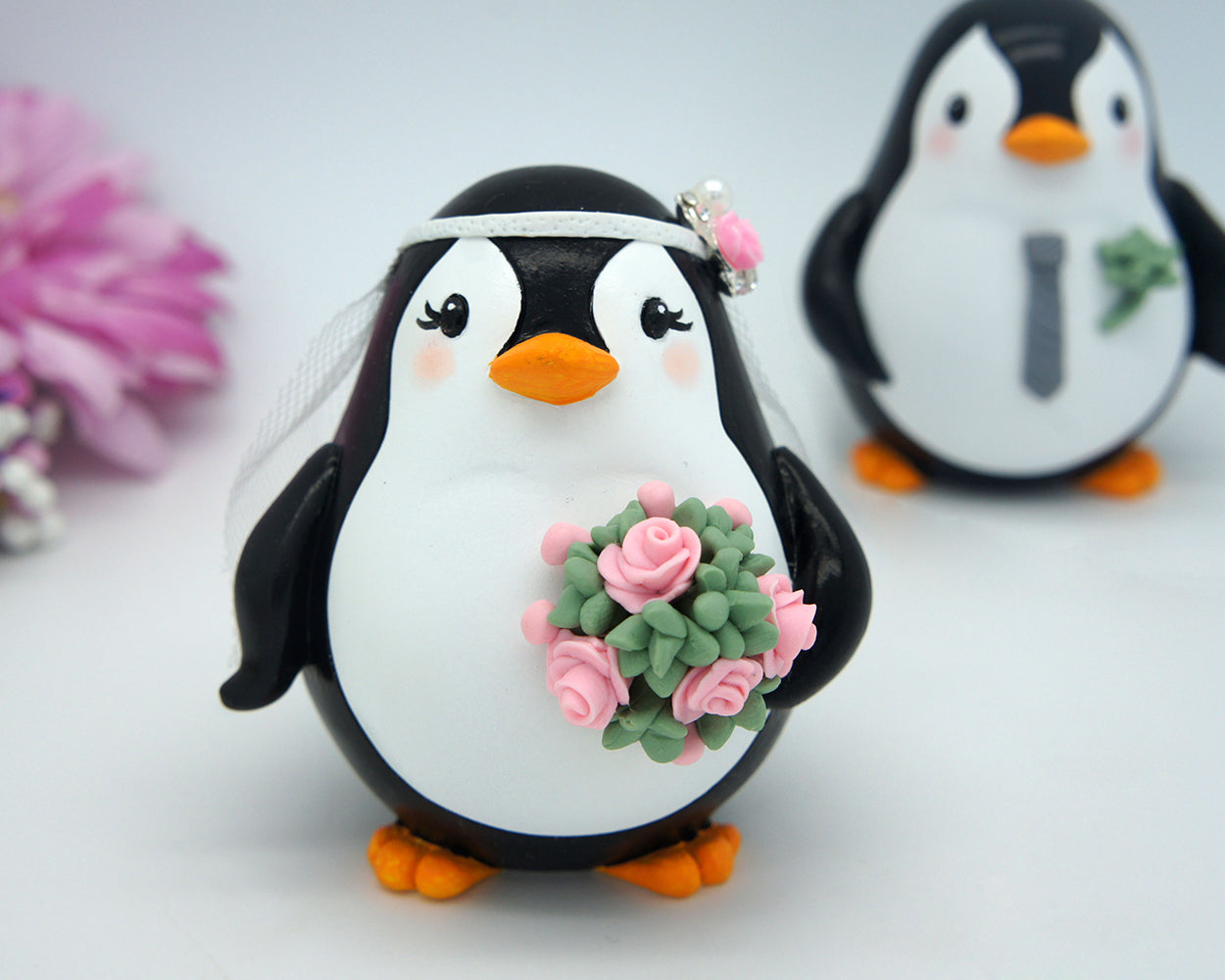 Custom Penguin Love Bird Cake Toppers -Beach Wedding Cake Toppers With Succulent Bouquet