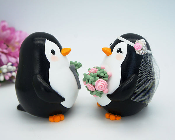 Custom Penguin Love Bird Cake Toppers -Beach Wedding Cake Toppers With Succulent Bouquet