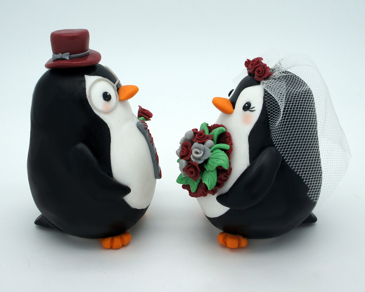 Penguin Wedding Cake Toppers Burgundy Theme- Love Bird Wedding Cake Toppers