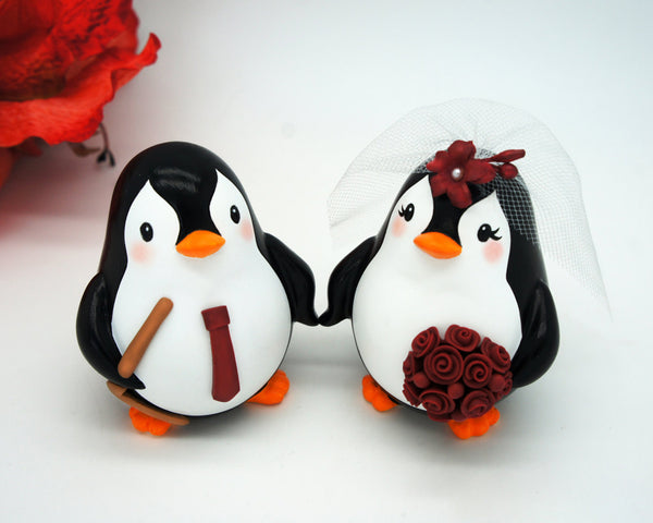 Funny Penguin Hockey Wedding Cake Toppers Sports Theme-Personalised Bride And Groom Hockey Wedding Cake Toppers