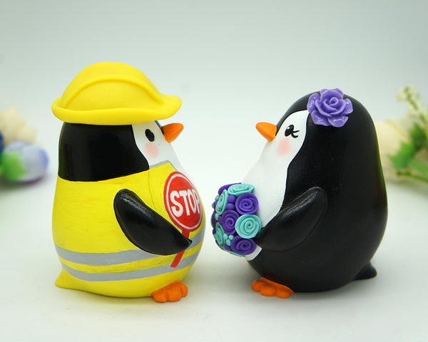Custom Penguin Construction Worker Wedding Cake Toppers