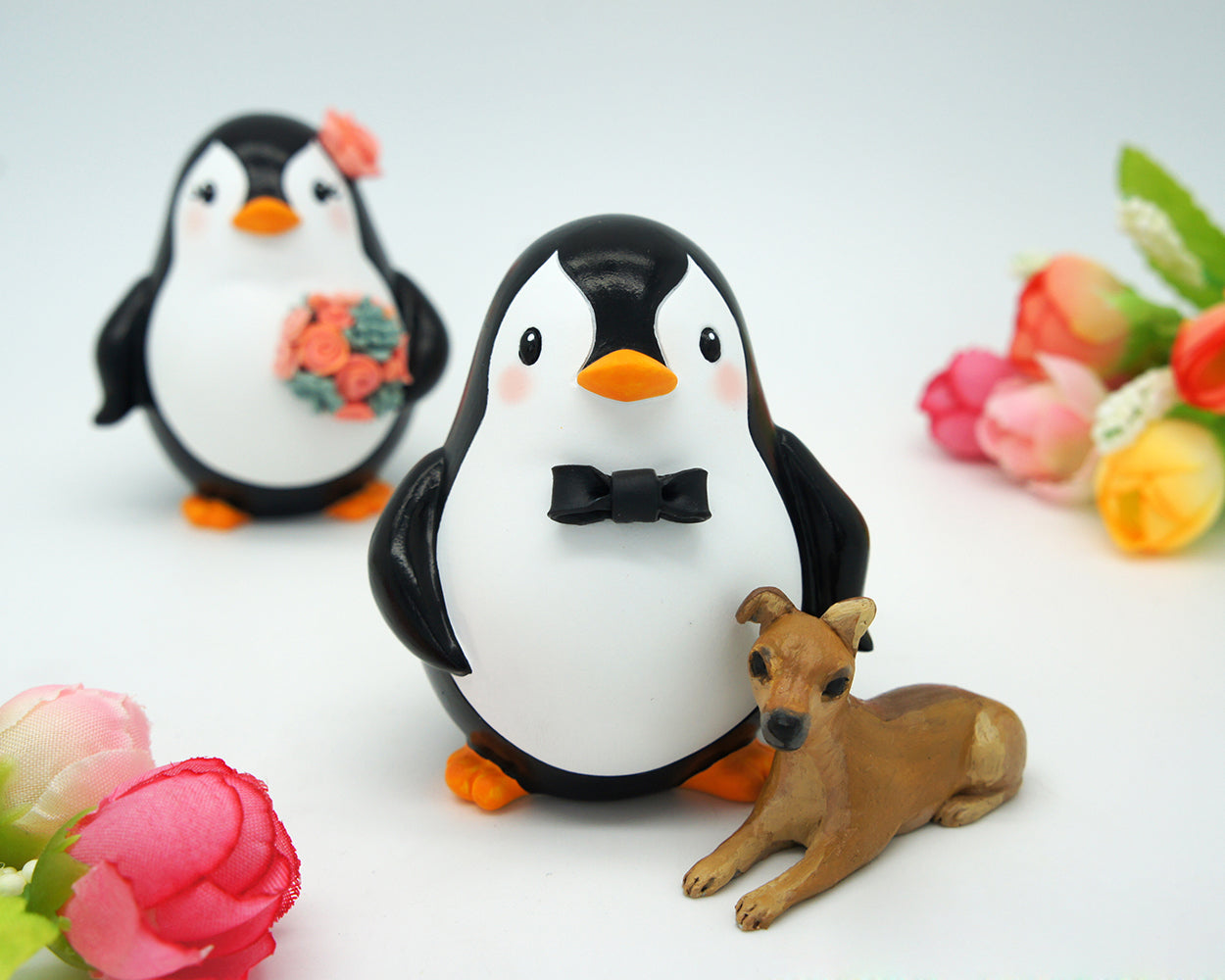 Penguin Wedding Cake Toppers With A Dog-Bride And Groom Wedding Cake Topper With A Pet-Family Wedding Cake Toppers