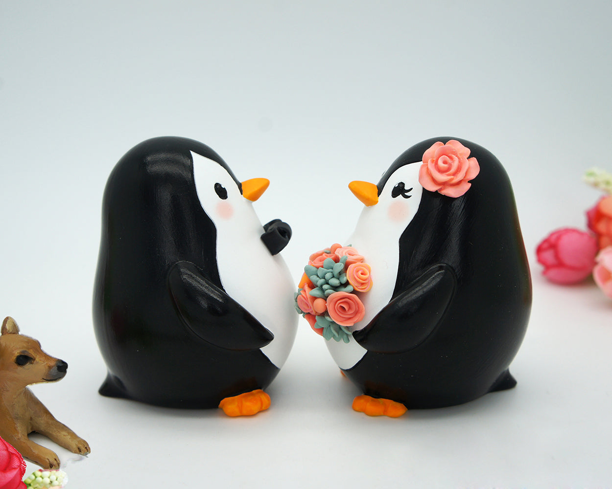 Penguin Wedding Cake Toppers With A Dog-Bride And Groom Wedding Cake Topper With A Pet-Family Wedding Cake Toppers