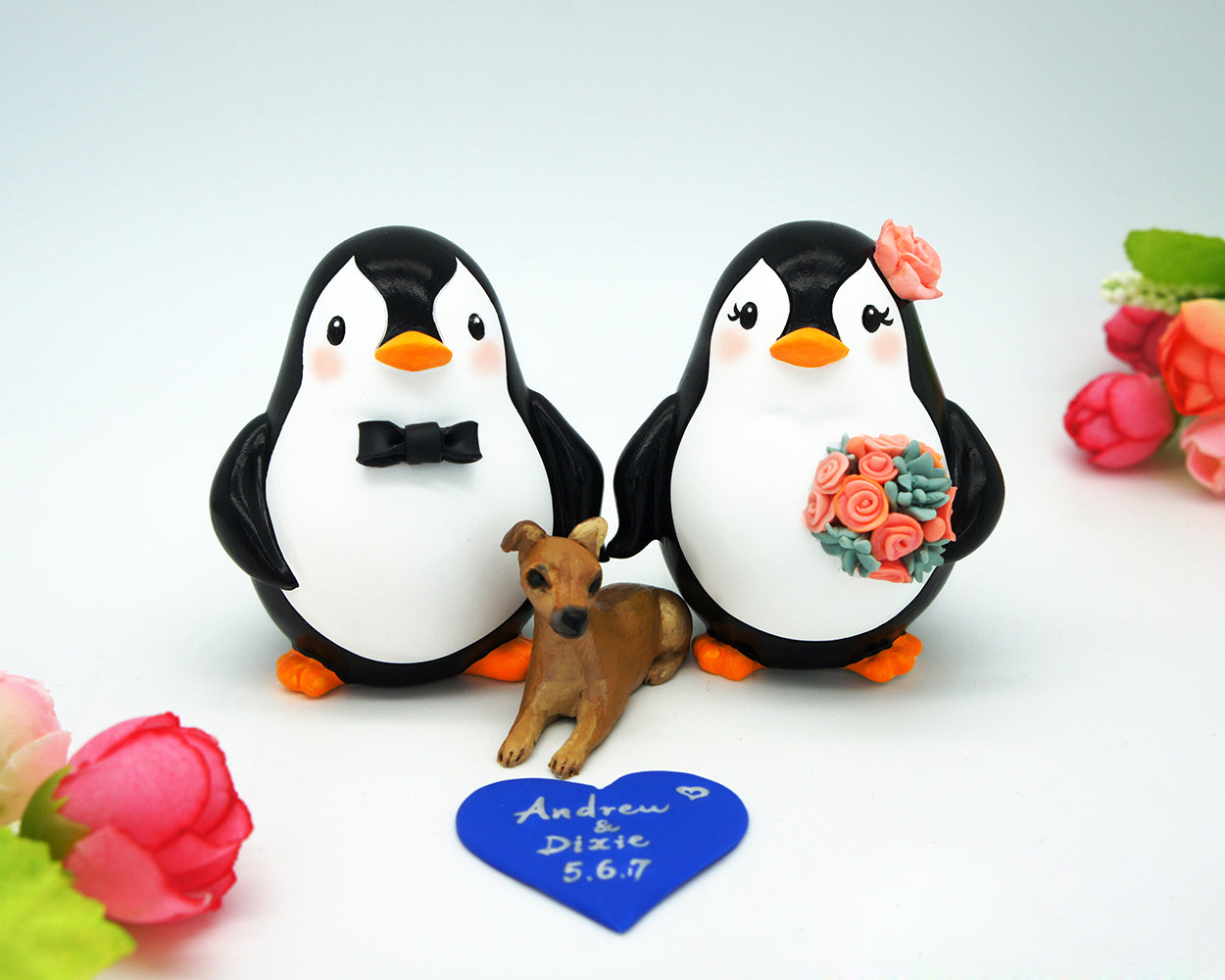 Penguin Wedding Cake Toppers With A Dog-Bride And Groom Wedding Cake Topper With A Pet-Family Wedding Cake Toppers