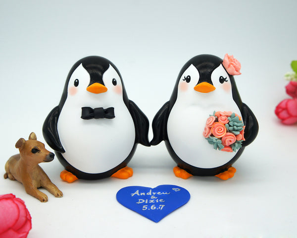 Penguin Wedding Cake Toppers With A Dog-Bride And Groom Wedding Cake Topper With A Pet-Family Wedding Cake Toppers