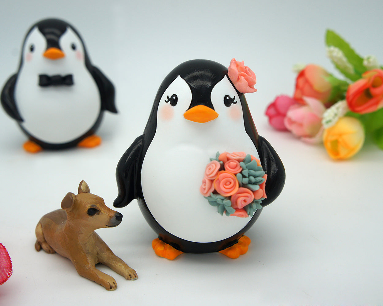 Penguin Wedding Cake Toppers With A Dog-Bride And Groom Wedding Cake Topper With A Pet-Family Wedding Cake Toppers
