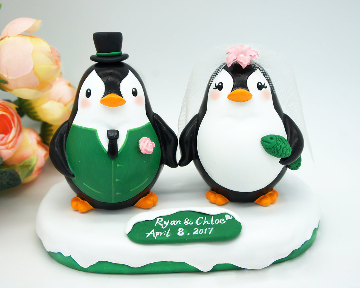 Custom Penguin Wedding Cake Toppers Green Theme